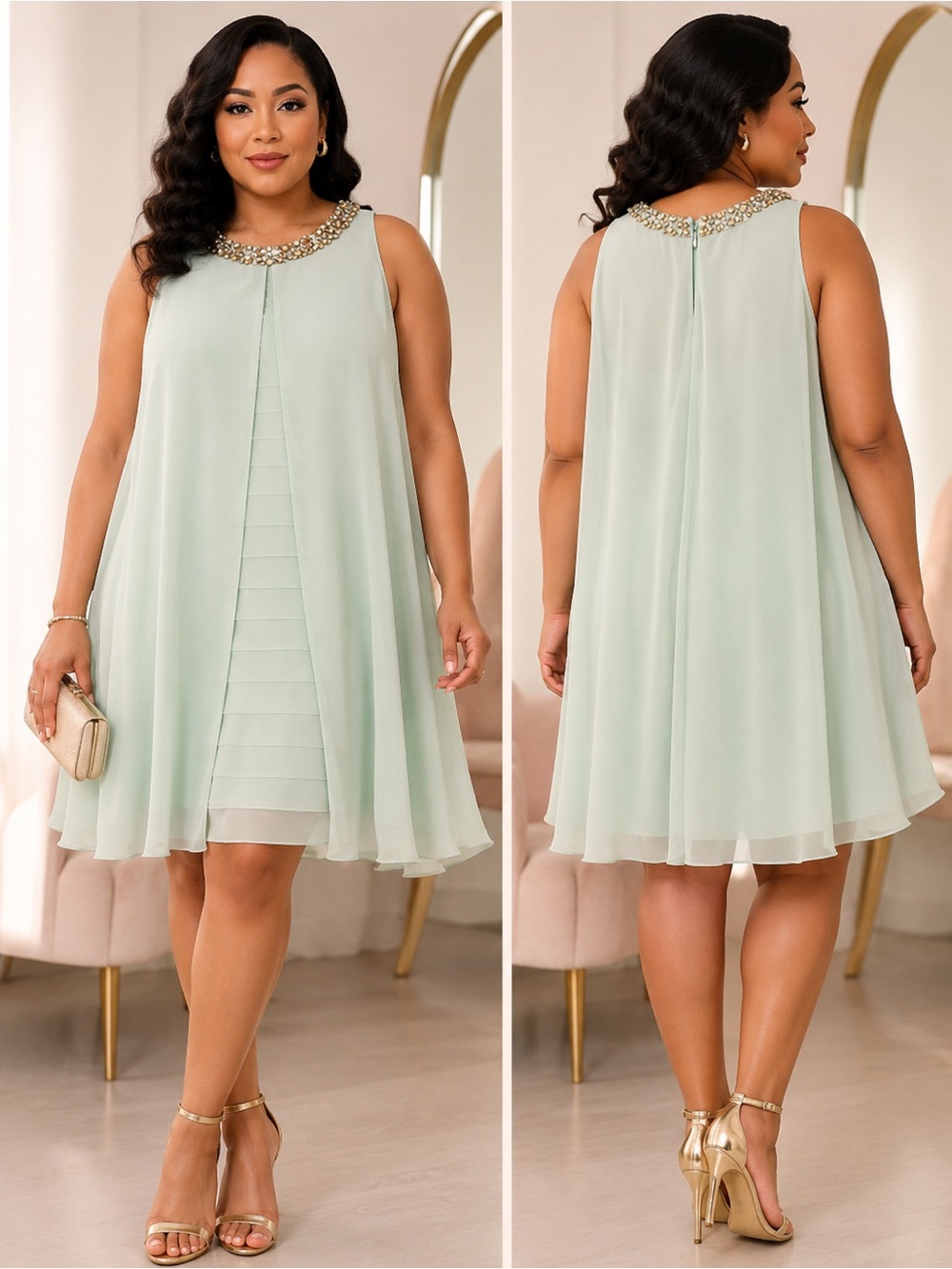 Adrianna Papell Mint Chiffon Dress with Jeweled Collar